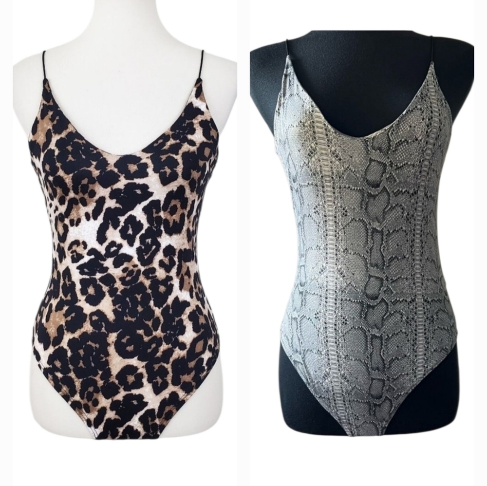 ​Gaze Animal Print Bodysuit Set Leopard Snake Skin Spaghetti Strap Sz. XS